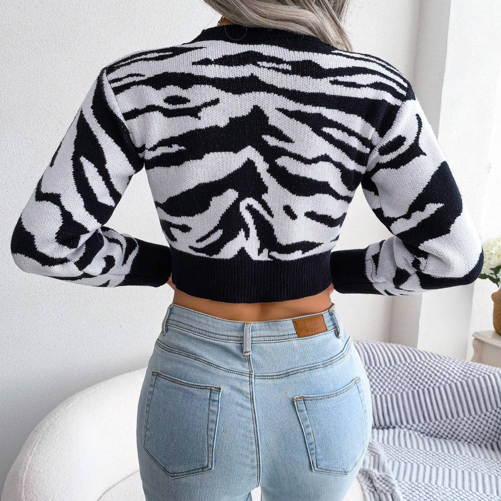 Zebra Pattern Long Sleeve Crop Sweater