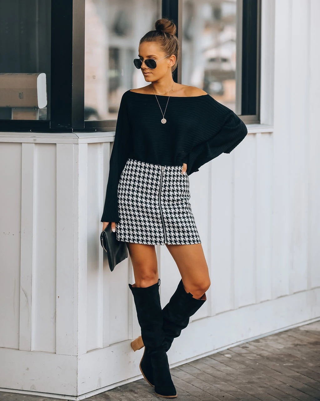 Houndstooth Zipper Skirt