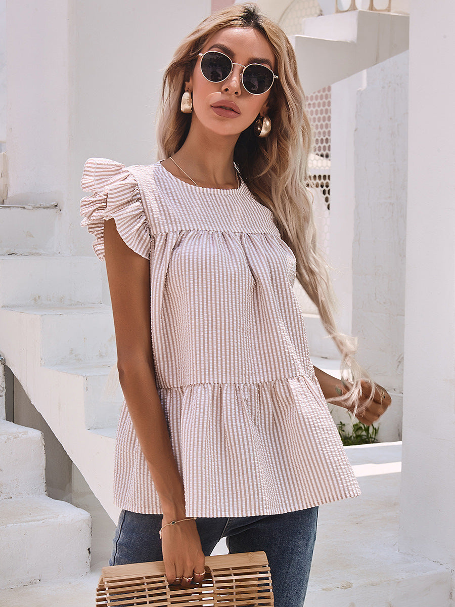 Ruffle Sleeve Round Neck Pleated Shirt