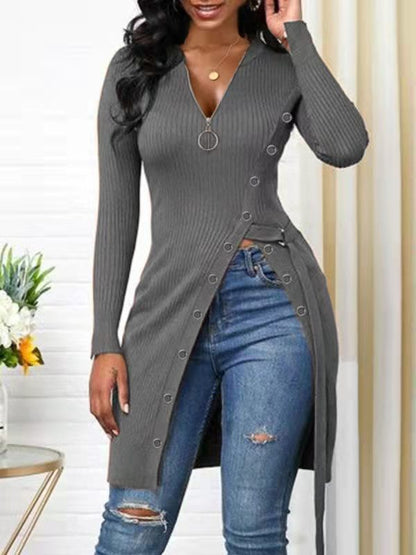 V-neck Long Sleeve High Slit Sweater