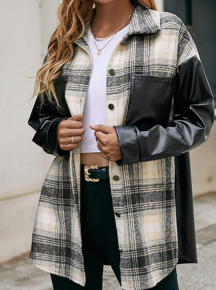 Faux Leather Sleeve Plaid Shacket