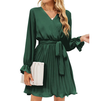 V neck Pleated Long Sleeve Mini Dress