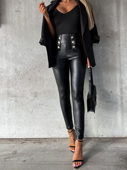 Faux Leather Button Pants