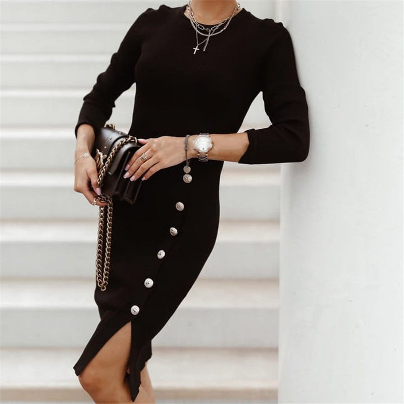 Long Sleeve Button Knitted Dress