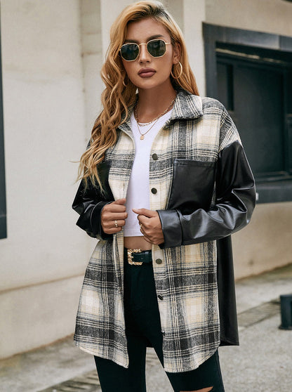 Faux Leather Sleeve Plaid Shacket