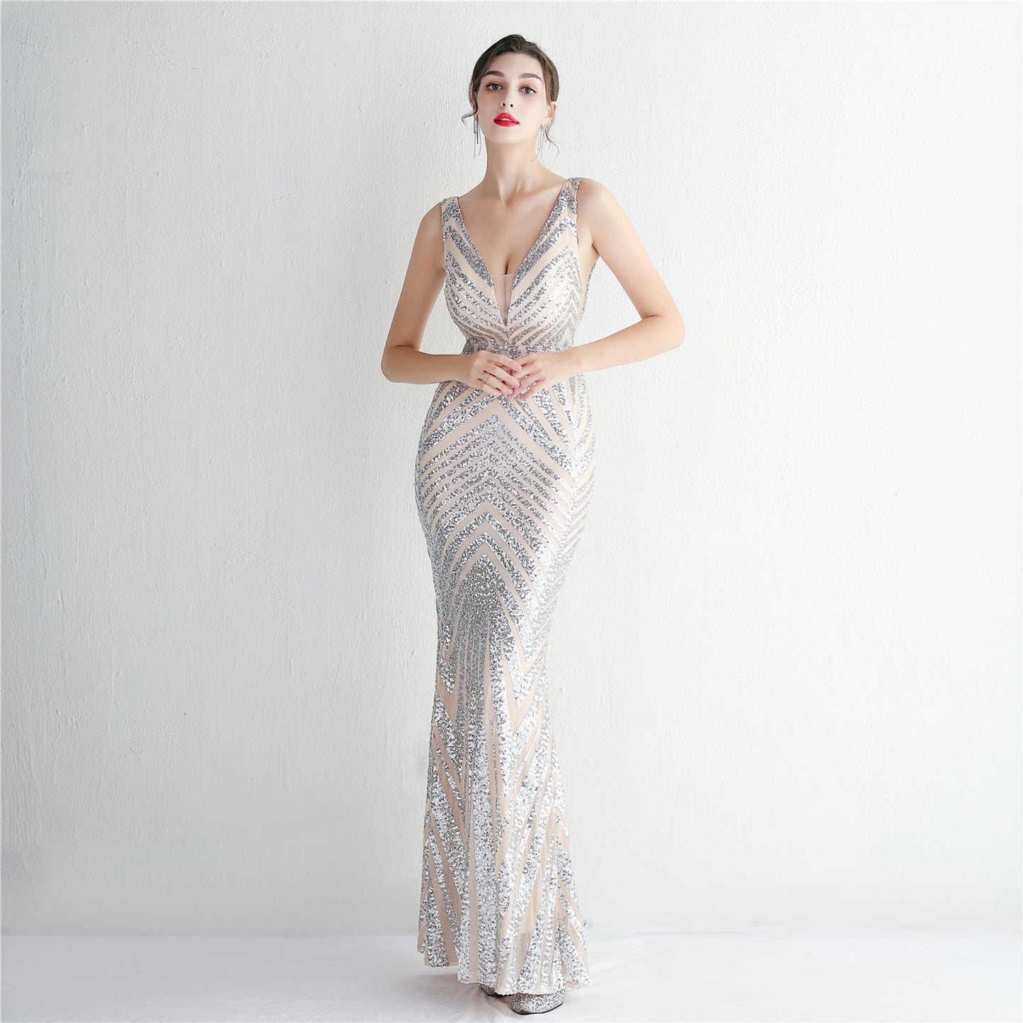 Sequin V-Neck Trumpet Gown