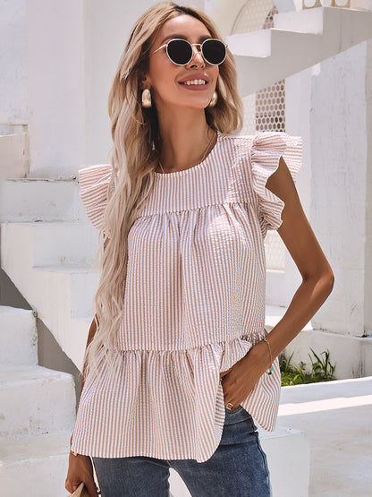 Ruffle Sleeve Round Neck Pleated Shirt