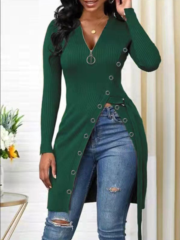 V-neck Long Sleeve High Slit Sweater