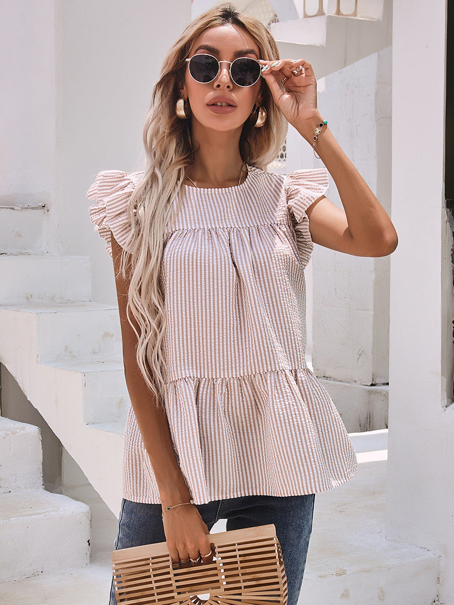 Ruffle Sleeve Round Neck Pleated Shirt