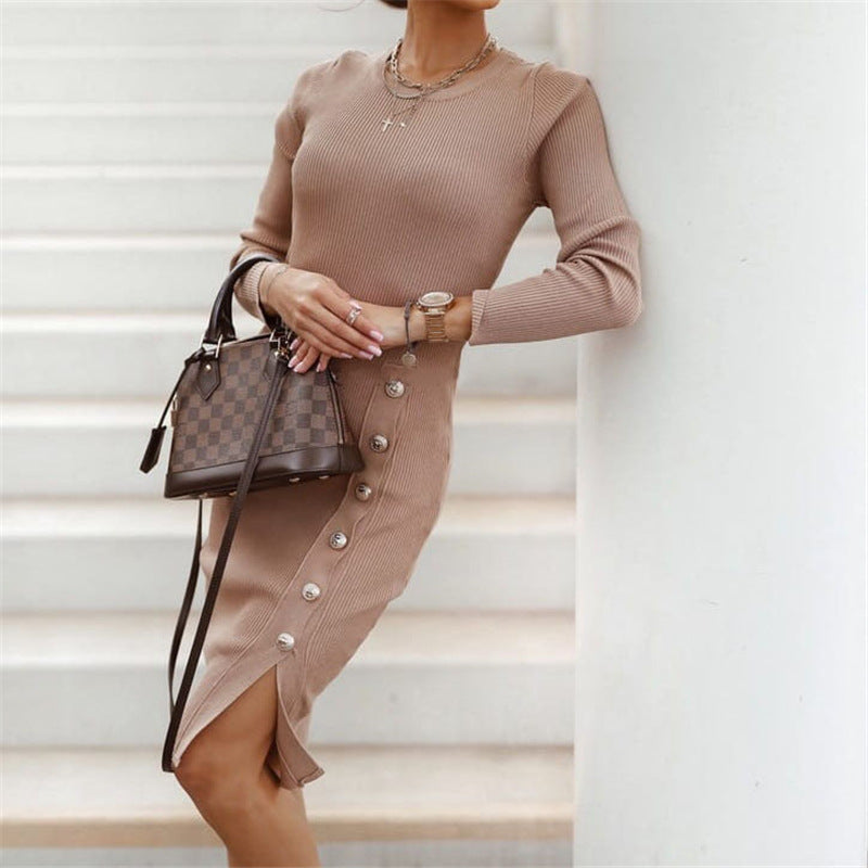 Long Sleeve Button Knitted Dress