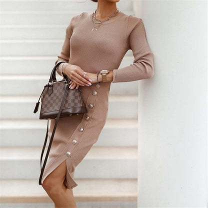 Long Sleeve Button Knitted Dress