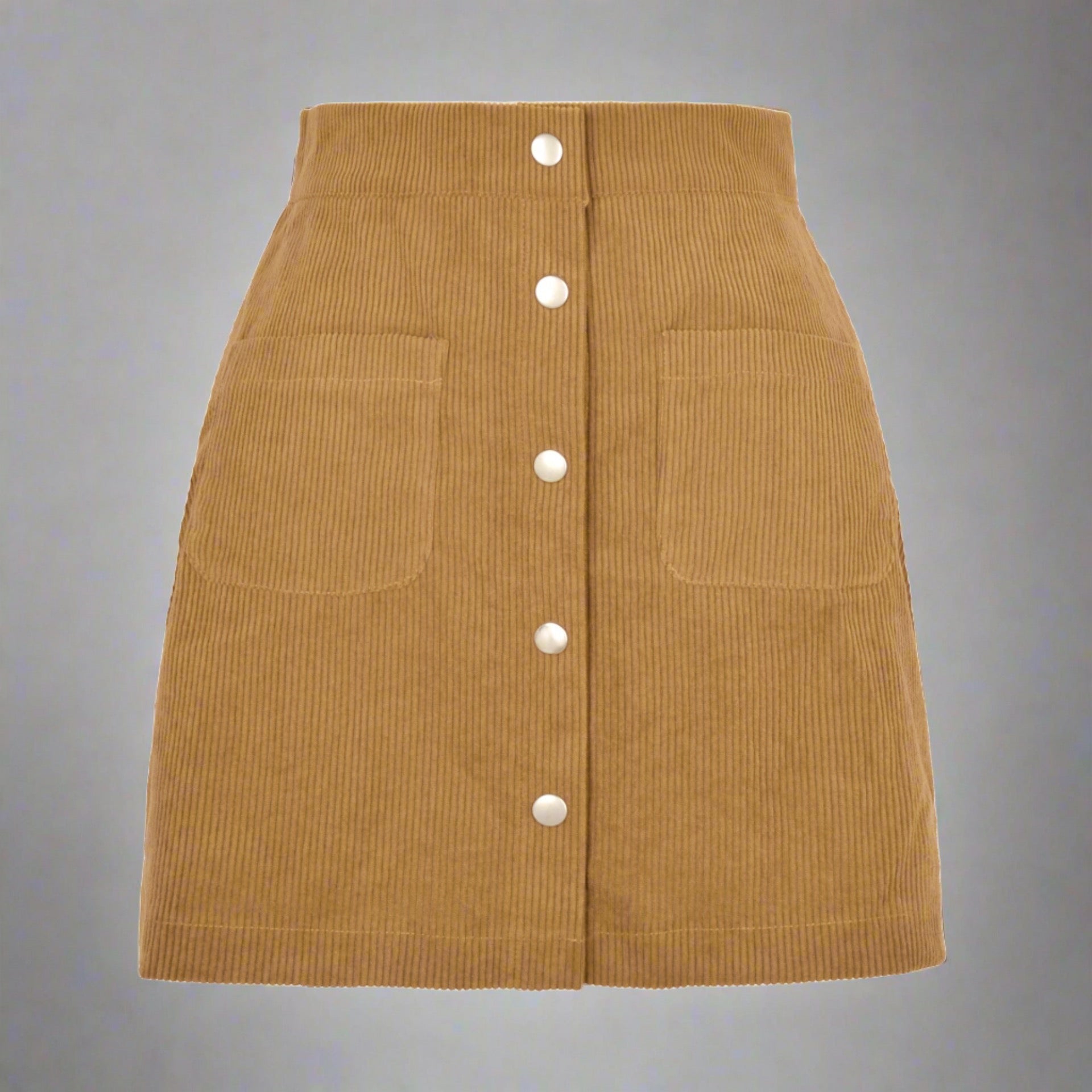 Woman wearing a High-Waist Corduroy Button-Up Skirt in a warm, earthy tone, featuring a front button-up closure and two front pockets.