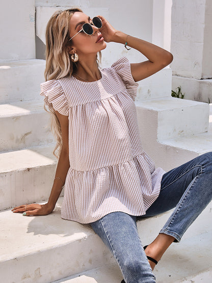 Ruffle Sleeve Round Neck Pleated Shirt