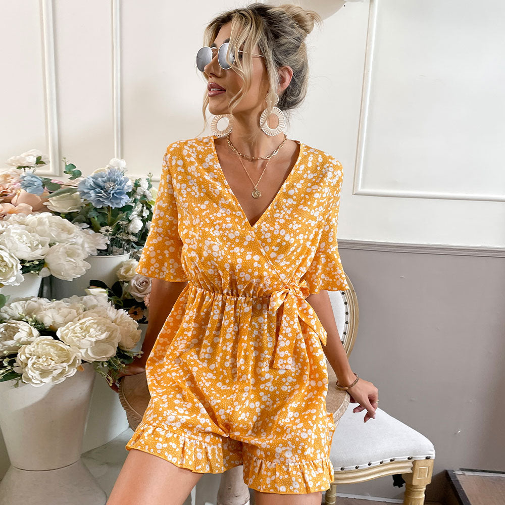 Floral V-Neck Ruffled Romper