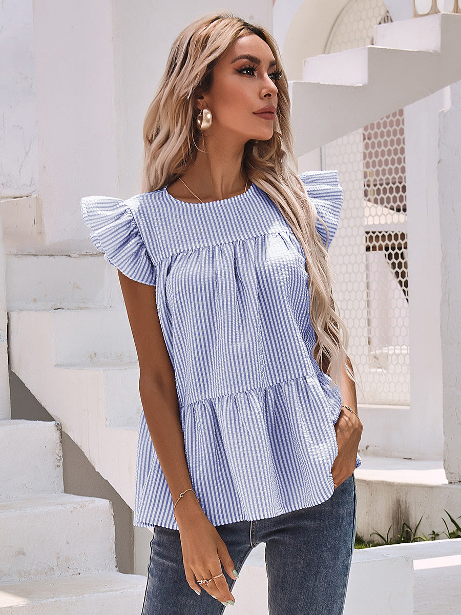 Ruffle Sleeve Round Neck Pleated Shirt