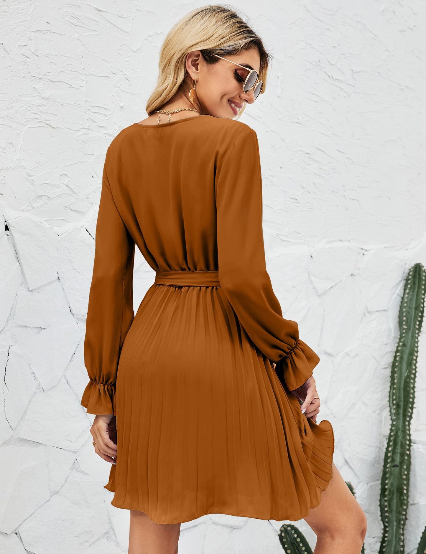 V neck Pleated Long Sleeve Mini Dress