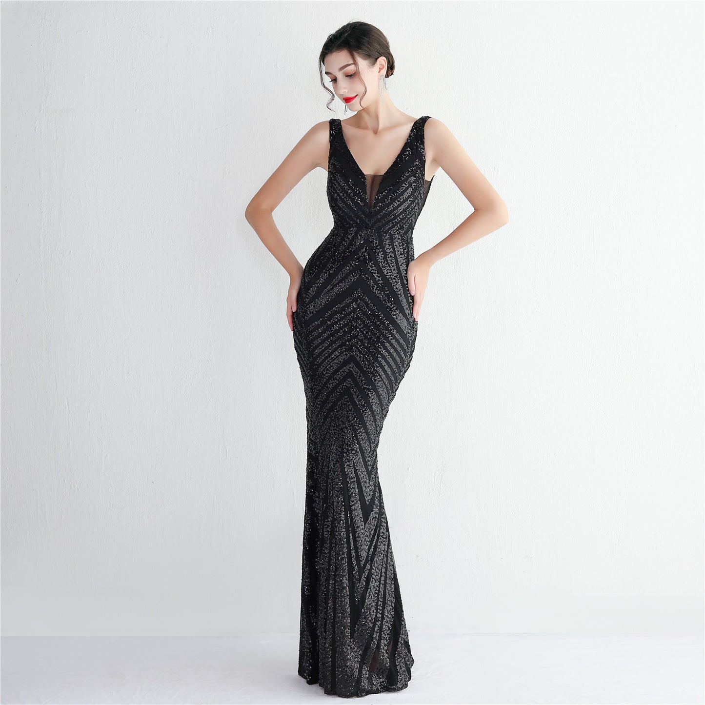 Sequin V-Neck Trumpet Gown