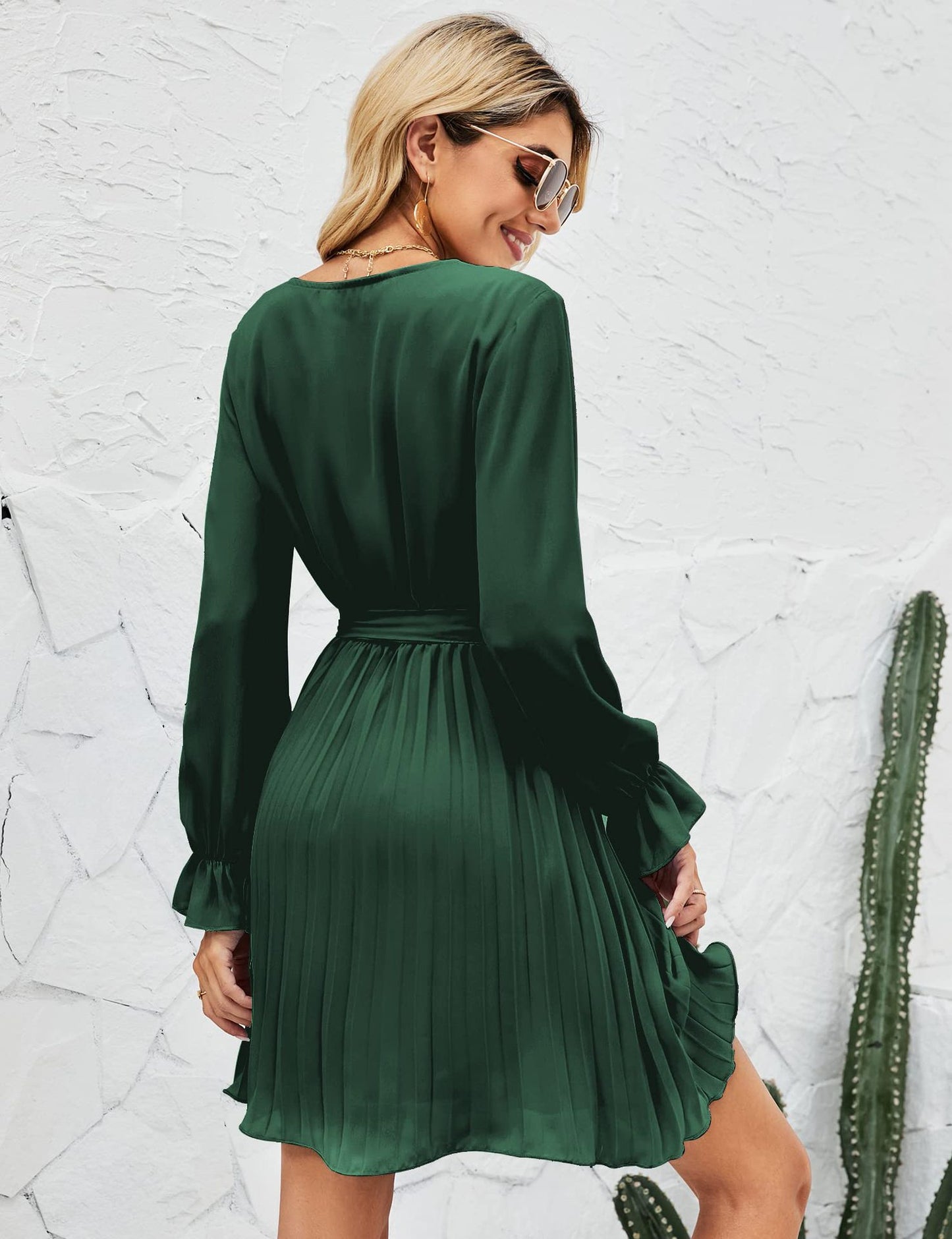 V neck Pleated Long Sleeve Mini Dress