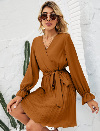 V neck Pleated Long Sleeve Mini Dress