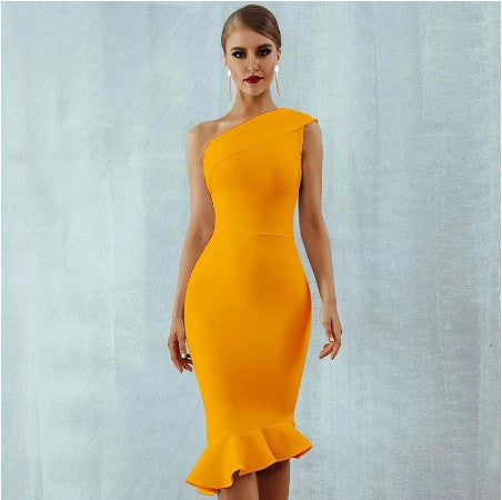 Sloping Shoulder Trumpet Midi Dress