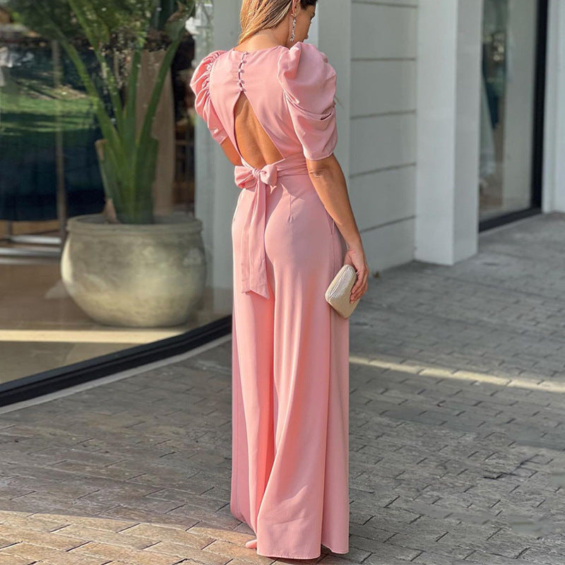 Puff Sleeve Open Back Jumpsuit in Pink