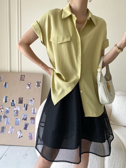 Rolled Short Sleeve Pocket Button Down Blouse