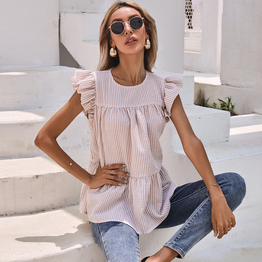 Ruffle Sleeve Round Neck Pleated Shirt