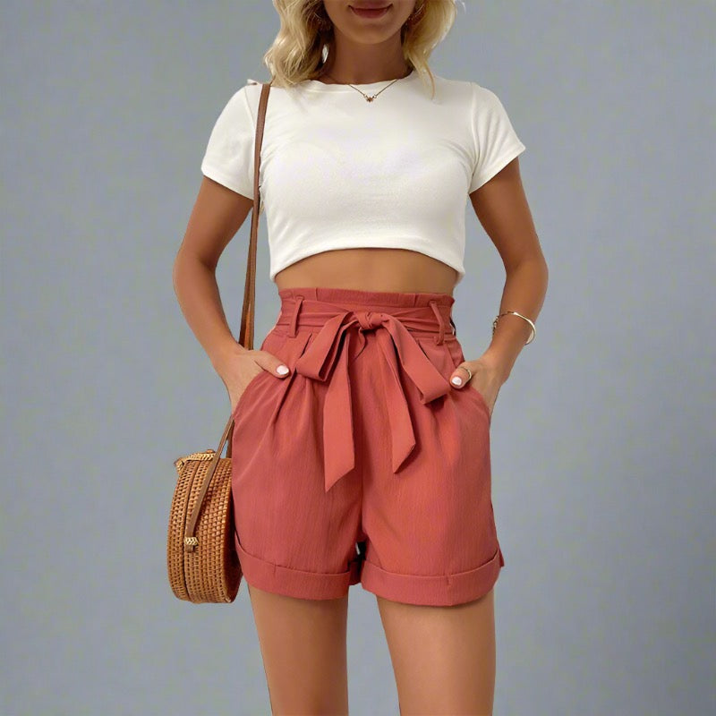 High-Waisted Belted Coral Travel Shorts for Women