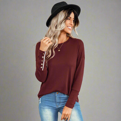 Casual Chic Button Sleeve Sweater - burgundy, relaxed fit, stylish button details on sleeves, perfect for casual outings, city explorations, and evening events.