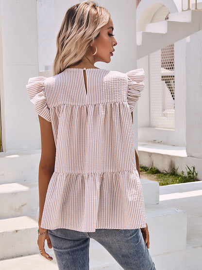 Ruffle Sleeve Round Neck Pleated Shirt