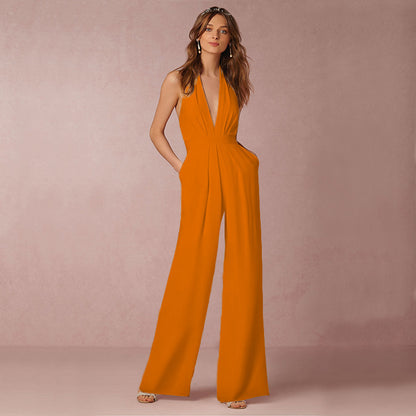 Deep V Halter Jumpsuit with Pockets