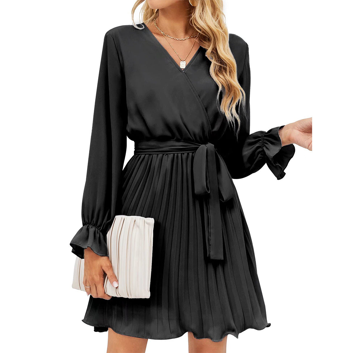 V neck Pleated Long Sleeve Mini Dress