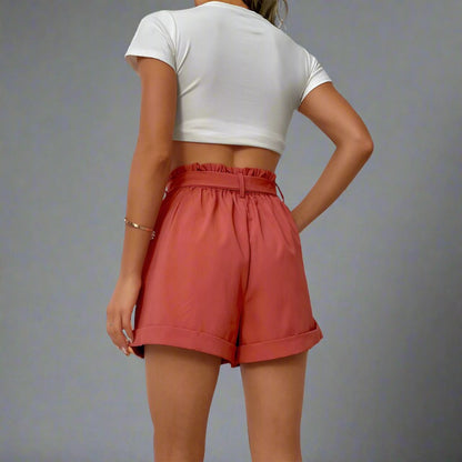 High-Waisted Belted Coral Travel Shorts for Women