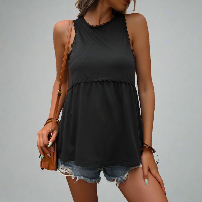 Woman wearing Casual Chic Summer Lace Tank Top in black, paired with denim shorts and a crossbody bag