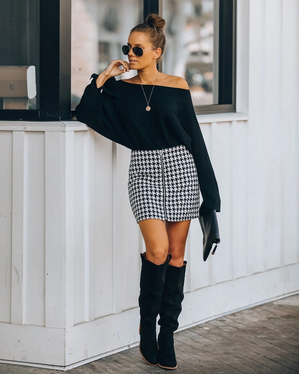 Houndstooth Zipper Skirt