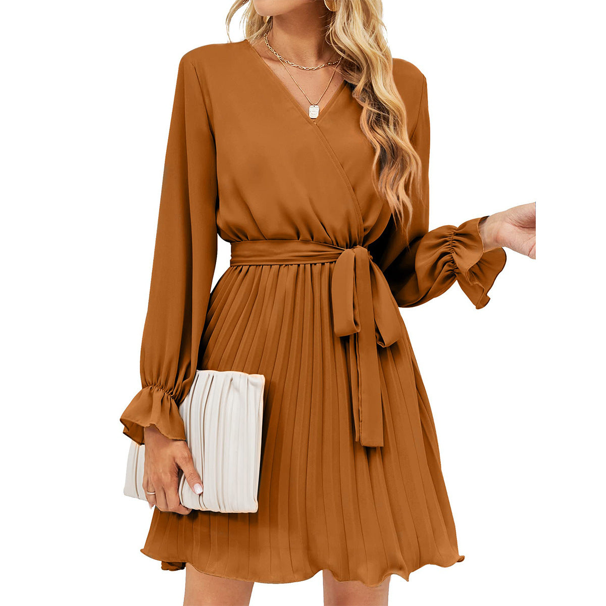 V neck Pleated Long Sleeve Mini Dress