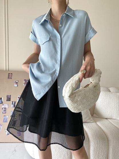 Rolled Short Sleeve Pocket Button Down Blouse