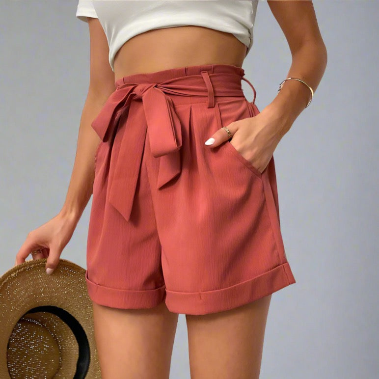 High-Waisted Belted Coral Travel Shorts for Women