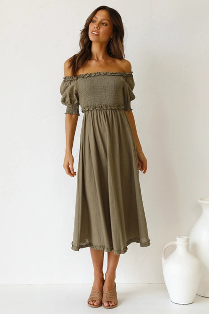 Off-Shoulder Smocked Midi Dress