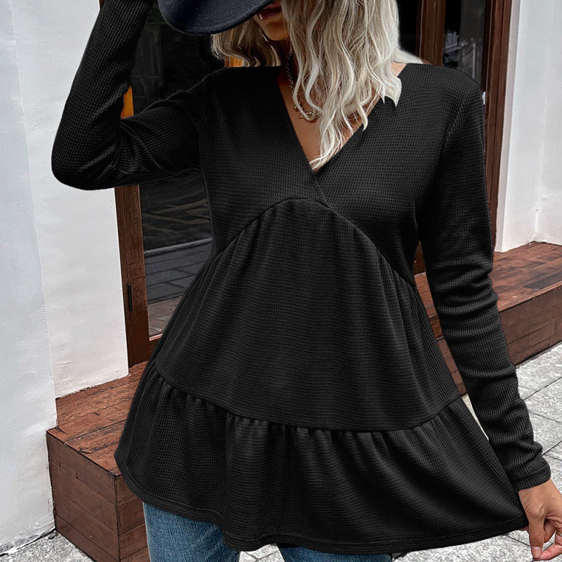 Waffle Knit Long Sleeve Babydoll Top