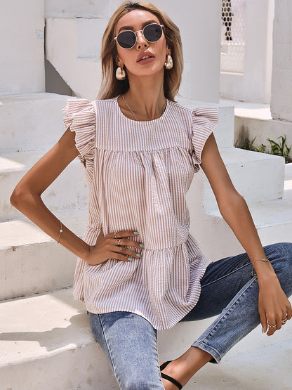 Ruffle Sleeve Round Neck Pleated Shirt