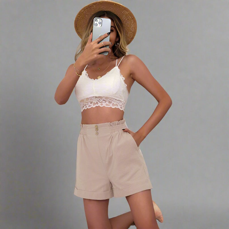 High-Waisted Button-Front Khaki Travel Shorts for Women