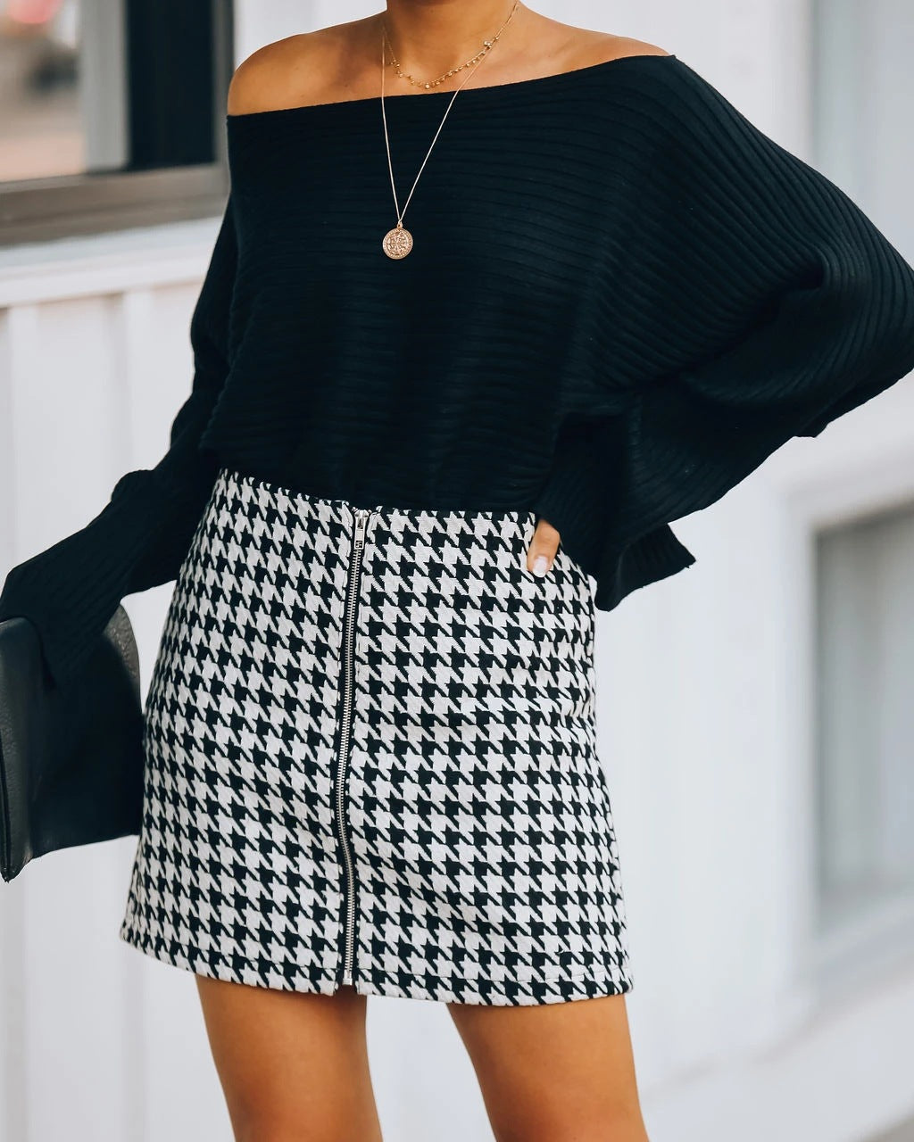 Houndstooth Zipper Skirt