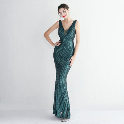 Sequin V-Neck Trumpet Gown