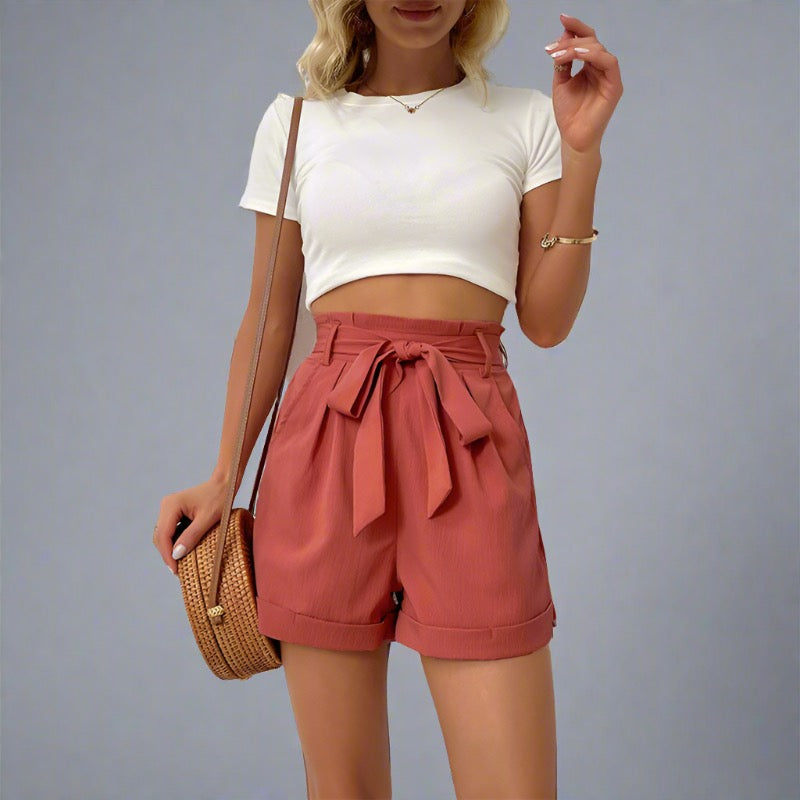 High-Waisted Belted Coral Travel Shorts for Women