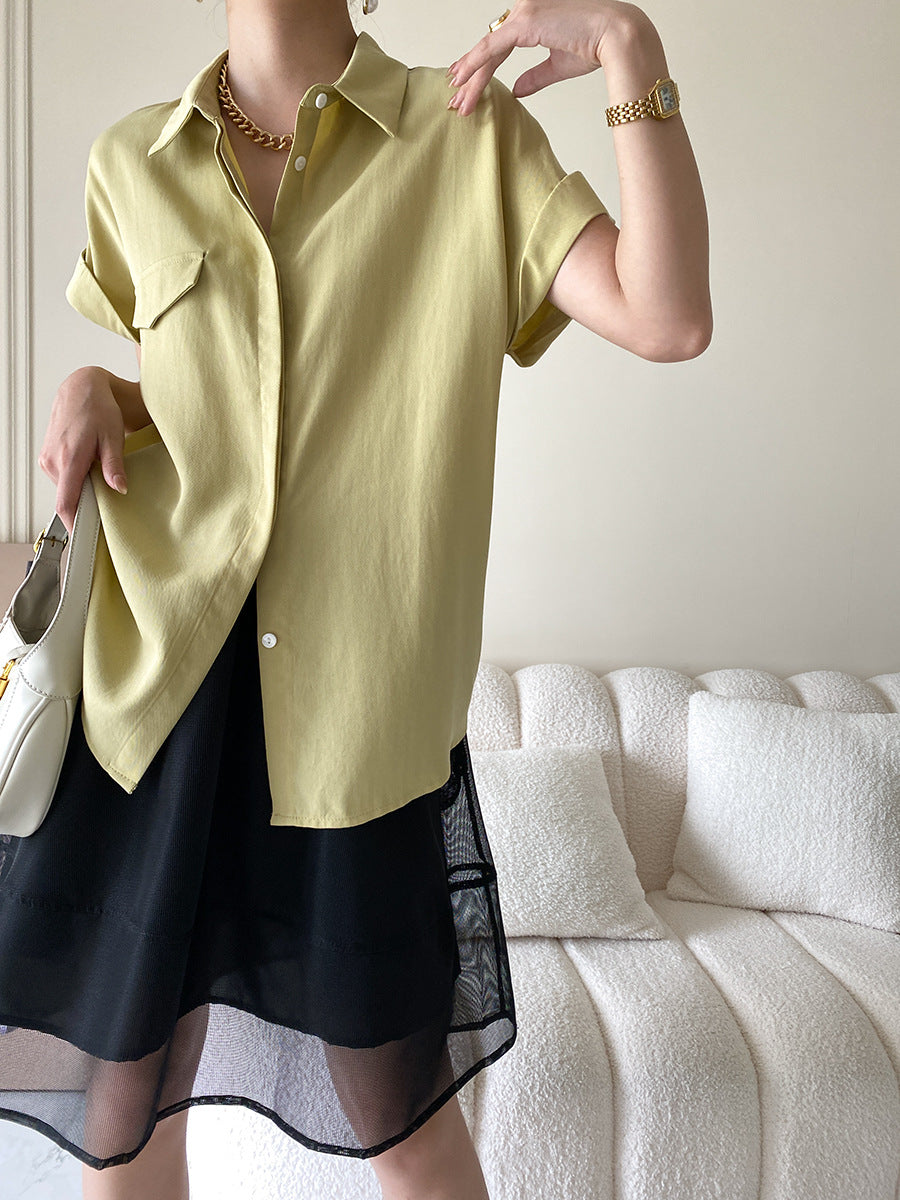 Rolled Short Sleeve Pocket Button Down Blouse