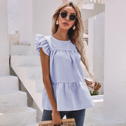 Ruffle Sleeve Round Neck Pleated Shirt