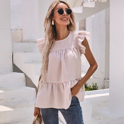 Ruffle Sleeve Round Neck Pleated Shirt