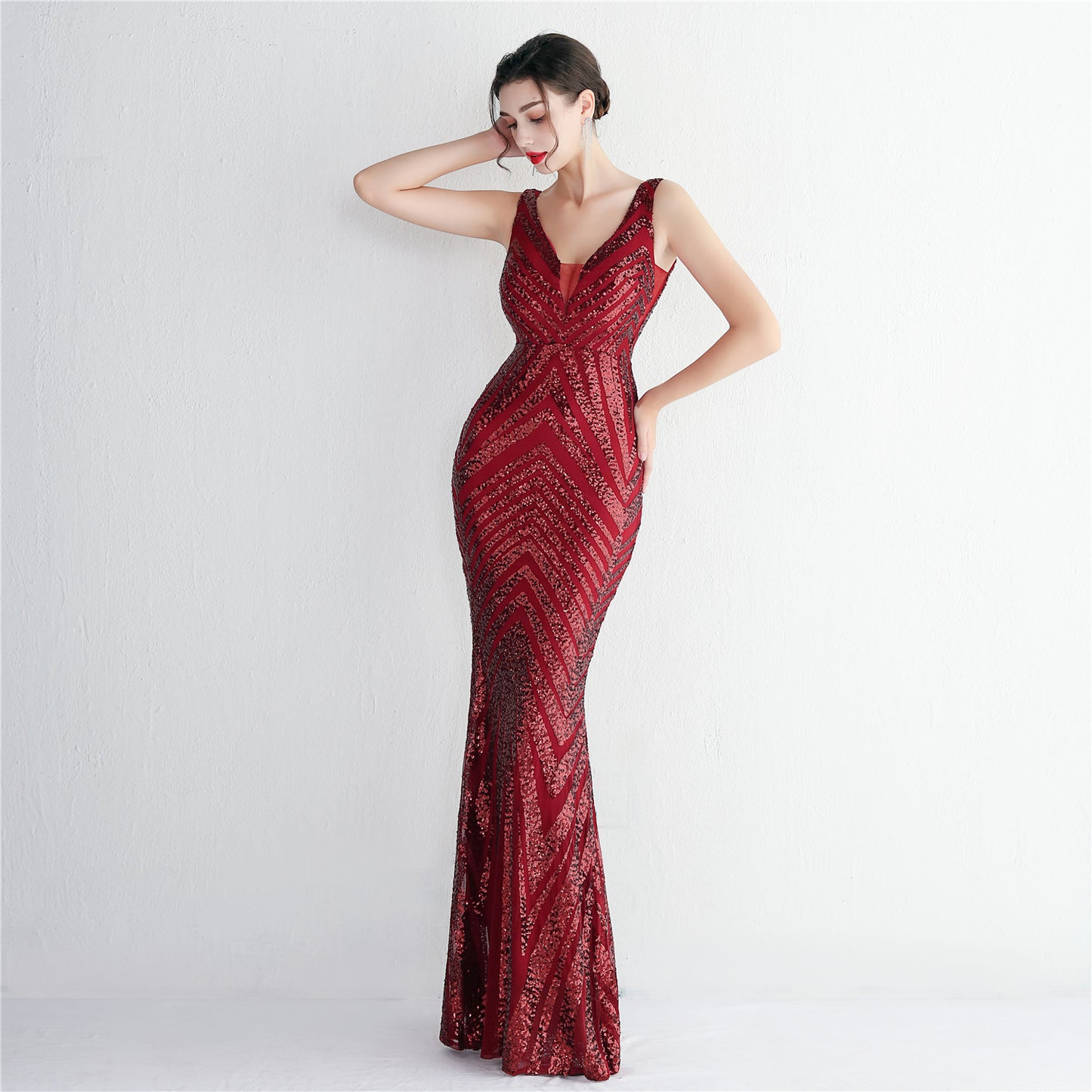 Sequin V-Neck Trumpet Gown