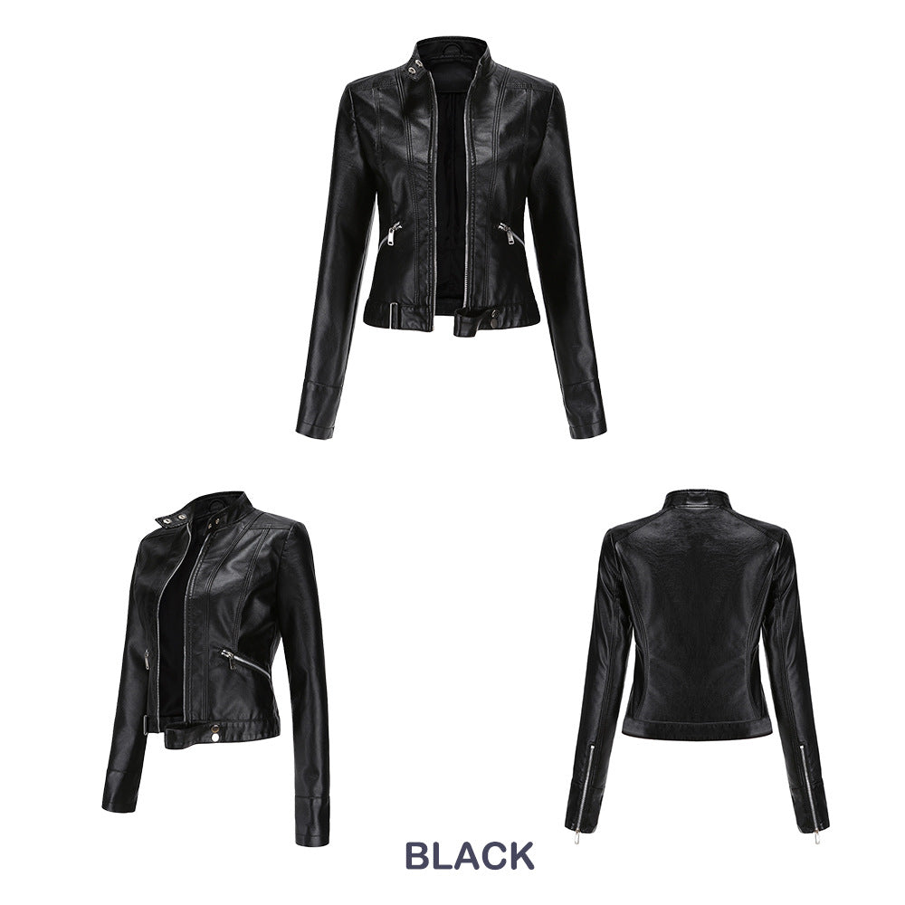 Stand Button Collar Faux Leather Jacket